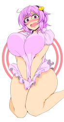 Rule 34 | 1girl, ahoge, ass, blouse, blush, bottomless, breasts, colorized, commentary request, curvy, d:, embarrassed, hairband, heart, highres, huge breasts, impossible clothes, kage hitsugi, komeiji satori, naked shirt, open mouth, pandain, purple eyes, purple hair, shirt, shirt tug, short hair, short sleeves, sitting, sketch, solo, tears, thick thighs, thighs, tongue, touhou, wariza, white background, wide hips