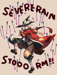 Rule 34 | 1boy, argyle, argyle clothes, argyle coat, arrow (projectile), arutopian, black headwear, black pants, blue scarf, boots, brown background, candy, closed mouth, coat, commentary request, english text, food, full body, gameplay mechanics, leg up, looking at viewer, male focus, minstrel (ragnarok online), pantaloons, pants, polka dot, polka dot scarf, ragnarok online, red coat, red eyes, red scarf, scarf, short hair, simple background, solo, striped clothes, striped scarf, white hair