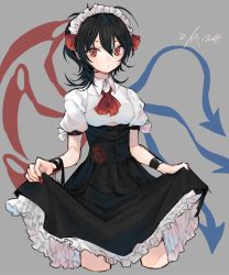 Rule 34 | 1girl, asymmetrical wings, black hair, black skirt, breasts, collared shirt, cropped legs, dated, fingernails, grey background, hair between eyes, hair ribbon, highres, houjuu nue, long hair, looking at viewer, maid headdress, makita (vector1525), medium breasts, nail polish, puffy short sleeves, puffy sleeves, red eyes, red nails, red neckwear, red ribbon, ribbon, shirt, short sleeves, simple background, skirt, skirt hold, solo, touhou, underbust, white shirt, wing collar, wings, wristband