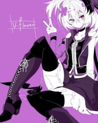 Rule 34 | 1girl, arm warmers, ashino uzu, asymmetrical sleeves, bad id, bad pixiv id, black nails, boots, character name, choker, dress, flower (vocaloid), flower (vocaloid3), long hair, looking at viewer, multicolored hair, nail polish, purple background, purple dress, simple background, single sleeve, skirt, solo, streaked hair, thighhighs, torn clothes, torn skirt, uneven sleeves, v, vest, vocaloid