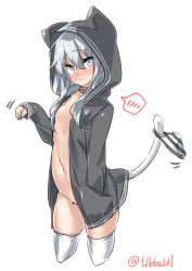 Rule 34 | 10s, 1girl, animal hood, bottomless, breasts, collar, commentary request, cropped legs, ebifurya, green hair, grey eyes, hair between eyes, hand in pocket, hibiki (kancolle), highres, hood, hoodie, kantai collection, legs apart, looking at viewer, naked hoodie, navel, open clothes, open hoodie, panties, paw pose, simple background, small breasts, solo, spoken blush, standing, stomach, striped clothes, striped panties, tail, thighhighs, twitter username, underwear, unworn panties, white background, white thighhighs