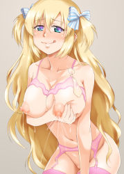 Rule 34 | :3, :p, blonde hair, blue eyes, bottomless, grabbing another&#039;s breast, breasts squeezed together, breasts, condom, garter belt, garter straps, grabbing, grabbing own breast, hair ribbon, highres, lactation, large breasts, lingerie, liz hohenstein, long hair, muv-luv, navel, nipples, ribbon, sato iori, thighhighs, tongue, tongue out, twintails, underwear