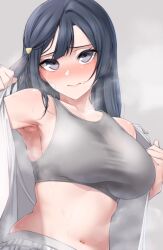 Rule 34 | 1girl, absurdres, armpits, bare shoulders, black hair, blush, breasts, closed mouth, collarbone, collared shirt, commentary request, grey background, grey eyes, grey sports bra, hair ornament, hands up, highres, large breasts, long hair, looking at viewer, love live!, love live! nijigasaki high school idol club, messy hair, nasuno (nasuno42), navel, nijigasaki school uniform, nose blush, one side up, open clothes, open shirt, plaid, plaid skirt, school uniform, shirt, sideboob, simple background, skirt, solo, sports bra, steaming body, stomach, sweat, undressing, upper body, white skirt, yuki setsuna (love live!)
