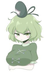 Rule 34 | 1girl, :/, breasts, commentary, dress, english commentary, green dress, green eyes, green hair, hat, large breasts, looking at viewer, puffy short sleeves, puffy sleeves, short hair, short sleeves, sifserf, soga no tojiko, solo, tate eboshi, touhou