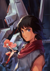 Rule 34 | 1boy, 1girl, absurdres, black hair, blue eyes, closed mouth, daba myroad, fairy, flying, highres, hungry clicker, juusenki l-gaim, lilith fau, long sleeves, looking at viewer, mecha, red hair, red scarf, robot, scarf, shirt, shoes, socks, wings
