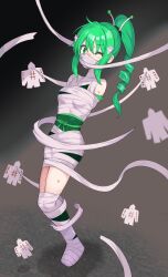 1girl bandages bound bound_arms bound_legs breasts character_request cloth_gag copyright_request drill_hair drill_ponytail full_body gag gagged green_eyes green_hair green_sash highres improvised_gag mummification_(bound) ofuda one_eye_closed over_the_nose_gag peril ponytail raftetram sash small_breasts solo