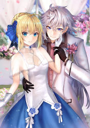 Rule 34 | 1boy, 1girl, absurdres, ahoge, alternate costume, artoria pendragon (all), artoria pendragon (fate), black gloves, black shirt, blonde hair, blue dress, blue eyes, blue flower, blue ribbon, braid, breasts, cleavage, collar, collarbone, commentary request, dress, fate/grand order, fate (series), floral print, flower, formal, gloves, green eyes, grey hair, grey suit, hair between eyes, hair flower, hair ornament, hair ribbon, hand on another&#039;s cheek, hand on another&#039;s face, highres, long hair, looking at viewer, medium breasts, merlin (fate), nepodayo, official alternate costume, pink flower, pink neckwear, ribbon, saber (fate), saber (fgo x takarazuka kinen) (fate), see-through, see-through cleavage, shirt, short hair, smile, suit, two-tone dress, very long hair, white collar, white gloves
