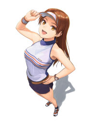 Rule 34 | 1girl, :d, brown eyes, brown hair, clap hanz, commentary request, earrings, from above, full body, hand on own hip, highres, jewelry, long hair, looking at viewer, miniskirt, minna no golf, nail polish, open mouth, pantyhose, pencil skirt, shadow, shirt, simple background, skirt, sleeveless, sleeveless shirt, smile, solo, standing, striped, tantaka, visor cap, watch, white background, yukino (minna no golf)