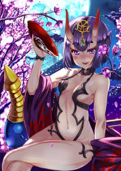 Rule 34 | 1girl, :d, alcohol, backlighting, blush, breasts, cherry blossoms, collarbone, cup, detached sleeves, eyebrows, fangs, fate/grand order, fate (series), hair ornament, horns, japanese clothes, kimono, looking at viewer, navel, night, night sky, nose blush, oni, open mouth, outdoors, petals, purple eyes, purple hair, revealing clothes, sakazuki, sake, short hair, shuten douji (fate), shuten douji (first ascension) (fate), skin-covered horns, sky, slit pupils, small breasts, smile, solo, spilling, stomach, wide sleeves, xephonia