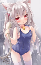 Rule 34 | 1girl, animal ear fluff, animal ears, bad id, bad pixiv id, bell, blue one-piece swimsuit, blush, breasts, cat ears, cat girl, choker, covered navel, grey hair, hair ornament, hairclip, highres, jingle bell, kata rosu, long hair, one-piece swimsuit, original, red eyes, shower head, showering, small breasts, solo, swimsuit, thighhighs, thighs, tile wall, tiles, two side up, wet, wet clothes, wet swimsuit, white thighhighs