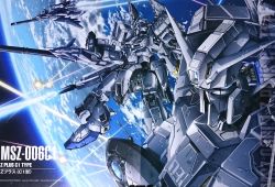 Rule 34 | arm cannon, blue eyes, character name, clenched hand, close-up, collaboration, crease, earth (planet), firing, gundam, gundam sentinel, highres, kuboki yuuichi, looking down, looking to the side, mecha, no humans, official art, planet, robot, scan, science fiction, teraoka iwao, v-fin, weapon, zeta plus
