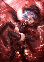 Rule 34 | 1girl, 60mai, alternate color, bare shoulders, bat wings, black thighhighs, blue hair, detached sleeves, fang, hat, mob cap, red eyes, remilia scarlet, short hair, smile, solo, thighhighs, touhou, wings