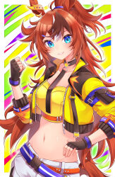 1girl absurdres animal_ears arm_belt bandeau black_gloves blue_eyes brown_hair bubble_gum_fellow_(umamusume) chest_belt choker clenched_hand collarbone commentary_request cowboy_shot cropped_jacket ear_ornament fingerless_gloves gloves grin groin hair_between_eyes hand_on_own_hip highres horse_ears horse_girl inairego116 jacket long_hair long_sleeves looking_at_viewer midriff navel o-ring outside_border shorts sleeve_pouch smile solo tail umamusume white_hair white_shorts yellow_bandeau yellow_jacket