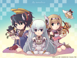 Rule 34 | 00s, 1boy, 4girls, ar tonelico, ar tonelico i, aurica nestmile, black hair, blue dress, brown hair, checkered background, detached sleeves, don leon, dress, expressionless, floral print, full body, gust, hairband, hama (ar tonelico), hat, head wings, jitome, long hair, long sleeves, looking at viewer, lyner barsett, misha arsellec lune, multiple girls, purple eyes, red hair, shurelia (ar tonelico), silver hair, sitting, tobe sunaho, very long hair, wallpaper, wariza, white dress, wide sleeves, wings