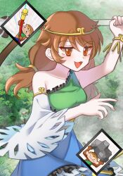 1girl ability_card_(touhou) blue_dress bo_staff brown_hair circlet commentary_request detached_sleeves dress green_dress long_hair mirei_(miirei) monkey multicolored_clothes multicolored_dress open_mouth rock ruyi_jingu_bang single-shoulder_dress single_detached_sleeve smile solo son_biten touhou twintails unfinished_dream_of_all_living_ghost white_sleeves yellow_dress