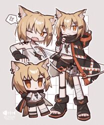 Rule 34 | 1girl, ahoge, animal ear piercing, animal ears, arknights, black cape, black gloves, black shorts, bow (weapon), cape, chibi, commentary, fang, fingerless gloves, fox ears, fox girl, fox tail, gloves, grey background, hair between eyes, hair ornament, hairclip, highres, holding, holding bow (weapon), holding weapon, hood, hood down, hooded cape, jewelry, jitome, midriff, multiple views, navel, necklace, notched ear, one eye closed, orange eyes, oripathy lesion (arknights), prosthesis, prosthetic arm, rasarasu, shirt, short hair, shorts, simple background, skin fang, strapless, strapless shirt, tail, tooth necklace, vermeil (arknights), weapon, white shirt