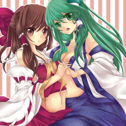 Rule 34 | 2girls, bad id, bad pixiv id, bow, breasts, brown eyes, brown hair, cleavage, colored eyelashes, detached sleeves, female focus, frog, green eyes, green hair, hair bow, hair ornament, hakurei reimu, holding hands, highres, interlocked fingers, japanese clothes, kochiya sanae, large breasts, looking at viewer, midriff, miko, multiple girls, navel, no bra, open clothes, open shirt, rimu (kingyo origin), rimu (rim573), shirt, striped, striped background, touhou, untied