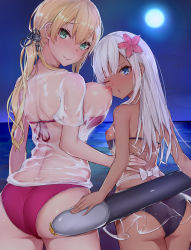 Rule 34 | 2girls, alternate costume, anchor, anchor hair ornament, aqua eyes, ass, back, bare shoulders, beach, bikini, bikini pull, bikini under clothes, blonde hair, blue eyes, blue sky, blush, bow, breasts, breasts out, closed mouth, clothes pull, commentary request, flower, from behind, full moon, hair between eyes, hair flower, hair ornament, halterneck, highres, kantai collection, large breasts, long hair, looking at viewer, looking back, moon, multiple girls, night, night sky, nipples, ocean, one eye closed, outdoors, pout, prinz eugen (kancolle), ro-500 (kancolle), see-through, sherryqq, shirt, shoulder blades, sky, small breasts, smile, standing, swimsuit, swimsuit under clothes, tan, torpedo, twintails, water, white bow, white hair