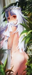 Rule 34 | 1girl, absurdres, albino, alphonse (white datura), ass, blunt bangs, colored eyelashes, covering own mouth, crown, el (sound horizon), elysion, flower, head wreath, highres, leaf, long hair, looking back, nude, outdoors, plant, red eyes, scan, solo, sound horizon, standing, white hair