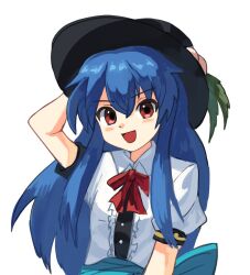 Rule 34 | 1girl, :d, back bow, black headwear, blue bow, blue hair, bow, bowtie, center frills, collared shirt, commentary request, frills, hand on headwear, hinanawi tenshi, leaf, long hair, open mouth, peach hat ornament, plus2sf, puffy short sleeves, puffy sleeves, red bow, red bowtie, red eyes, shirt, short sleeves, sidelocks, simple background, smile, solo, touhou, upper body, very long hair, waist bow, white background, white shirt
