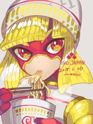 Rule 34 | 1girl, 2018, arms (game), beanie, blonde hair, chinese clothes, domino mask, eating, facepaint, food, hat, highres, mask, min min (arms), nissin cup noodle, noodles, short hair, shorts, solo, yasaikakiage