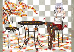 Rule 34 | 1girl, alternate costume, animal ears, bad id, bad pixiv id, bare shoulders, black pantyhose, boots, branch, breasts, casual, chair, character name, checkered background, checkered floor, contemporary, cross-laced footwear, floor, gmot, hand on own shoulder, inubashiri momiji, jewelry, knee boots, large breasts, leaf, looking at viewer, maple leaf, open mouth, pantyhose, pendant, plaid, plaid skirt, pleated skirt, red eyes, ribbed sweater, sitting, skirt, solo, sweater, table, touhou, white hair, wolf ears