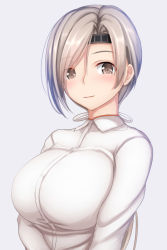 Rule 34 | alternate costume, blush, breasts, brown eyes, chitose (kancolle), closed mouth, commentary request, grey hair, headband, huge breasts, kantai collection, long hair, looking at viewer, ponytail, simple background, smile, solo, tapisuke, upper body
