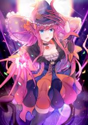 Rule 34 | 1girl, :d, absurdres, black thighhighs, blue eyes, commentary request, elizabeth bathory (fate), elizabeth bathory (halloween caster) (fate), fate/grand order, fate (series), halloween, halloween costume, hat, highres, horns, long hair, looking at viewer, open mouth, outstretched arm, outstretched hand, pink hair, pointy ears, smile, solo, tail, thighhighs, witch hat