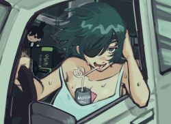 Rule 34 | 1girl, bendy straw, between breasts, black hair, black jacket, black necktie, breasts, can, car, chainsaw man, cleavage, condom between breast, crazy straw, drink can, drinking straw, elbow rest, eyepatch, geforce rtx 4090, green eyes, grey tank top, hand on own head, hayakawa aki, heart straw, highres, himeno (chainsaw man), jacket, large breasts, liowig, looking at viewer, motor vehicle, necktie, off shoulder, open mouth, shirt, short hair, smile, soda can, solo, steering wheel, stuffed toy, sweat, tank top, white shirt