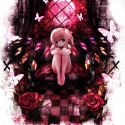 Rule 34 | 1girl, bad id, bad pixiv id, bare legs, barefoot, blonde hair, bug, butterfly, checkered floor, curtains, embodiment of scarlet devil, female focus, flandre scarlet, floor, full moon, hair ribbon, hugging own legs, insect, missile228, moon, red eyes, red moon, ribbon, side ponytail, sitting, solo, touhou, window, wings