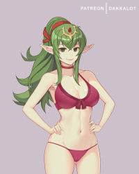 Rule 34 | 1girl, armpits, artist name, bare arms, bare shoulders, bikini, breasts, choker, cleavage, closed mouth, collarbone, cowboy shot, dakkalot, fire emblem, fire emblem heroes, gluteal fold, green eyes, green hair, hands on own hips, headpiece, high ponytail, large breasts, navel, nintendo, pink lips, pointy ears, purple background, purple bikini, red choker, sidelocks, simple background, skindentation, smile, solo, stomach, swimsuit, tiki (adult) (fire emblem), tiki (adult) (summer) (fire emblem), tiki (fire emblem)