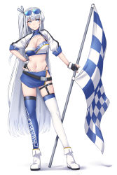 Rule 34 | 1girl, absurdres, alternate costume, asymmetrical legwear, black panties, blue skirt, blue thighhighs, boots, breasts, checkered flag, cleavage, clothes writing, contrapposto, cropped jacket, eyewear on head, flag, full body, fuyutsuki (kancolle), grey eyes, highleg, highleg panties, highres, jacket, kantai collection, kiritto, large breasts, long hair, miniskirt, navel, one side up, panties, race queen, simple background, skirt, solo, sunglasses, thighhighs, underwear, white background, white footwear, white hair, white jacket, white thighhighs