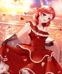 Rule 34 | 10s, 1girl, artist name, artist request, bare shoulders, black gloves, blush, bow, breasts, cleavage, collarbone, dew (pixiv12552057), dress, earrings, female focus, flower, gloves, hair between eyes, holding, holding clothes, holding skirt, jewelry, looking at viewer, love live!, love live! school idol festival, love live! school idol festival all stars, love live! school idol project, necklace, nishikino maki, pearl necklace, petals, purple eyes, red bow, red dress, red hair, red petals, red skirt, rose, short hair, skirt, small breasts, solo, standing, striped, striped bow
