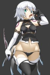 Rule 34 | 1girl, aqua eyes, arm belt, bandaged arm, bandages, black panties, blood, breasts, cameltoe, dagger, facial scar, fate/apocrypha, fate/grand order, fate (series), gloves, goma., highres, holding, holding dagger, holding knife, holding weapon, jack the ripper (fate/apocrypha), knife, looking at viewer, lowleg, lowleg panties, midriff, navel, panties, scar, scar across eye, scar on cheek, scar on face, short hair, shoulder tattoo, single glove, small breasts, solo, standing, tattoo, thick thighs, thighhighs, thighs, underwear, weapon, white hair