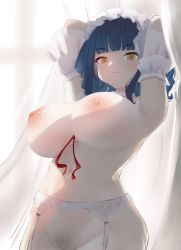 Rule 34 | 1girl, absurdres, armpits, arms behind head, bad id, bad pixiv id, between breasts, blue hair, blunt bangs, blush, breasts, closed mouth, curtains, detached sleeves, feet out of frame, female pubic hair, frills, garter belt, highres, large breasts, long hair, looking at viewer, maid headdress, navel, nijisanji, nipples, nude, out-of-frame censoring, pubic hair, pussy, raeran, red ribbon, ribbon, see-through, solo, virtual youtuber, yamagami karuta, yellow eyes