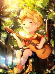Rule 34 | 1boy, :d, blonde hair, blush, commentary request, copyright name, day, closed eyes, fang, forest, full body, guitar, highres, instrument, kurorinamori, lucas (mother 3), male focus, mother (game), mother 3, music, nature, nintendo, open mouth, outdoors, playing instrument, short hair, sitting, skin fang, sky, smile, socks, solo, tree
