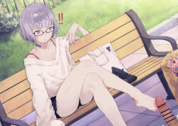 1boy 1girl absurdres bag bare_shoulders barefoot bench breasts censored daisi_gi erection fate/grand_order fate_(series) feet footjob grey_eyes grey_hair hetero highres jacques_de_molay_(foreigner)_(fate) jacques_de_molay_(foreigner)_(method_to_walk_on_the_stars)_(fate) long_sleeves medium_breasts off-shoulder_sweater off_shoulder open_mouth penis short_hair shorts sweater toes