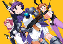 Rule 34 | 00s, 3girls, aks-74u, animal ears, armor, armored dress, ass, assault rifle, atlus, bloomers, brown eyes, brown hair, cocked hammer, crossover, crown, dual wielding, eclair (la pucelle), fake animal ears, fuwa daisuke, gauntlets, gradriel, gradriel de valendia, gun, handgun, holding, holding gun, holding weapon, kalashnikov rifle, la pucelle, leotard, looking back, m1911, mauser c96, multiple crossover, multiple girls, onegai my melody, open mouth, orange background, pantyhose, pistol, playboy bunny, prier, princess crown, purple eyes, purple hair, rabbit ears, red eyes, red hair, rifle, sanrio, trigger discipline, twintails, underwear, weapon, white bloomers, yumeno uta