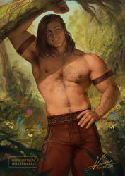 1boy abs baldur&#039;s_gate baldur&#039;s_gate_3 bara brown_hair contrapposto cowboy_shot dark-skinned_male dark_skin dungeons_&amp;_dragons dungeons_&amp;_dragons elf forest hairy halsin highres large_pectorals looking_at_viewer male_focus mature_male medium_hair muscular muscular_male naariel_art nature navel navel_hair nipples pants pectorals pointy_ears seductive_smile smile solo sparse_chest_hair standing stomach thick_eyebrows topless_male