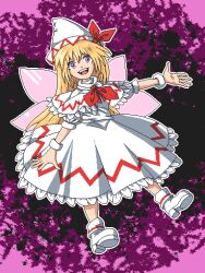 Rule 34 | 1girl, aksawshin, blonde hair, bow, capelet, dress, fairy, fairy wings, hair bow, lily white, long hair, looking at viewer, open mouth, perfect cherry blossom, pixel art, puffy short sleeves, puffy sleeves, purple eyes, ribbon, short sleeves, smile, touhou, white capelet, white dress, white footwear, white headwear, wings