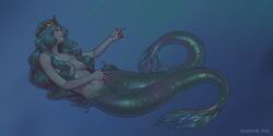 Rule 34 | 1girl, breasts, convenient censoring, crown, green hair, hair censor, hair over breasts, highres, large breasts, long hair, looking to the side, marmalade mum, mermaid, monster girl, personification, solo, starbucks, starbucks siren, underwater, water, wavy hair