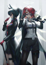 Rule 34 | 2girls, adjusting eyewear, adjusting glasses, animal ears, arknights, belt, black hair, black jacket, black legwear, black neckwear, black shorts, breasts, cigarette, commentary request, exusiai (arknights), gloves, halo, highres, holding, holding weapon, jacket, long sleeves, looking at viewer, looking over eyewear, looking over glasses, medium breasts, multiple girls, necktie, official alternate costume, orange eyes, over shoulder, pantyhose, ponytail, purple-tinted eyewear, purple-tinted glasses, red gloves, red hair, shirt, sho (sumika), short hair, shorts, sidelocks, standing, striped clothes, striped shorts, sunglasses, texas (arknights), texas (willpower) (arknights), thigh strap, tinted eyewear, vertical-striped clothes, vertical-striped shorts, weapon, white shirt