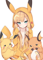 Rule 34 | 1girl, absurdres, animal hood, blonde hair, blue eyes, blush, collarbone, commentary request, cosplay, creatures (company), crossover, electricity, fate (series), game freak, gen 1 pokemon, has bad revision, has downscaled revision, highres, hood, hood up, hoodie, kamu (geeenius), long hair, looking at viewer, lord el-melloi ii case files, md5 mismatch, nintendo, open clothes, open mouth, pikachu, pikachu (cosplay), pokemon, raichu, reines el-melloi archisorte, resolution mismatch, simple background, smile, source smaller, white background