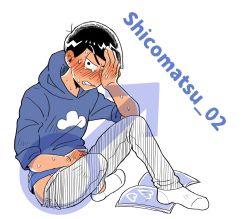 Rule 34 | 10s, 1boy, bad id, bad twitter id, black hair, blush, clenched teeth, clothes pull, covering face, hood, hoodie, looking at viewer, male focus, male masturbation, mars symbol, masturbation, matsuno karamatsu, osomatsu-kun, osomatsu-san, pants, pants pull, pornography, shiyo, simple background, sitting, sleeves rolled up, socks, solo, sweat, teeth, white background