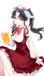 Rule 34 | 1girl, :q, absurdres, alcohol, beer, beer mug, black hair, blue eyes, bow, bowtie, closed mouth, commission, cup, dress, food, food on face, framed breasts, highres, invisible chair, long sleeves, looking at viewer, mug, original, oyabuli, puffy long sleeves, puffy sleeves, red bow, red bowtie, red dress, shirt, sidelocks, simple background, sitting, smile, solo, tongue, tongue out, twintails, white background, white shirt
