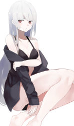 Rule 34 | 1girl, bare legs, bare shoulders, barefoot, bikini, bikini under clothes, black bikini, black shirt, blush, closed mouth, collarbone, grey hair, highres, long hair, long sleeves, looking at viewer, off shoulder, ogami ren, open clothes, open shirt, original, red eyes, shirt, simple background, sitting, sleeves past wrists, solo, swimsuit, very long hair, white background