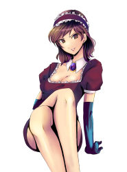 Rule 34 | 1girl, alternate costume, breasts, brown eyes, brown hair, cleavage, crossed legs, detached collar, elbow gloves, gloves, highres, lupin iii, maid cap, maid headdress, mine fujiko, naughty face, riochan, short hair, simple background, sitting, smile, solo, tms entertainment, white background