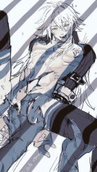 anal_fingering bite_mark blood bound bound_arms crazy_eyes dramatical_murder fingering greyscale highres koujaku monochrome nude saliva scar seragaki_aoba thighhighs wushi_stoneee