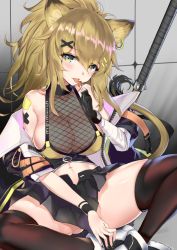 Rule 34 | 1girl, :p, animal ears, arknights, bad id, bad pixiv id, bandaged arm, bandages, bare shoulders, black choker, black gloves, black jacket, black nails, black skirt, black thighhighs, blonde hair, blush, breasts, candy, character name, choker, clothes writing, collarbone, commentary, earrings, fishnets, food, gloves, gluteal fold, hair between eyes, hair ornament, hairclip, hand up, head tilt, highres, holding, holding food, indian style, jacket, jewelry, large breasts, lion ears, lion tail, lollipop, long hair, looking at viewer, miniskirt, nail polish, navel, off shoulder, open clothes, open jacket, pleated skirt, ponytail, see-through, siege (arknights), sitting, skindentation, skirt, smile, solo, srpzk, tail, thighhighs, thighs, tongue, tongue out, weapon, wristband, x hair ornament, yellow eyes
