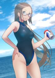 Rule 34 | 1girl, backlighting, blue eyes, blue one-piece swimsuit, blue sky, blurry, breasts, can, cloud, competition swimsuit, contrapposto, covered collarbone, cowboy shot, day, depth of field, dutch angle, glasses, grey hair, groin, hand on own hip, hand up, hasukawa isaburou, head tilt, highleg, highleg swimsuit, highres, holding, holding can, long hair, looking at viewer, medium breasts, ocean, one-piece swimsuit, original, outdoors, parted bangs, red-framed eyewear, semi-rimless eyewear, shiny clothes, sidelocks, sky, smile, solo, standing, swimsuit, turtleneck, turtleneck one-piece swimsuit, under-rim eyewear, very long hair